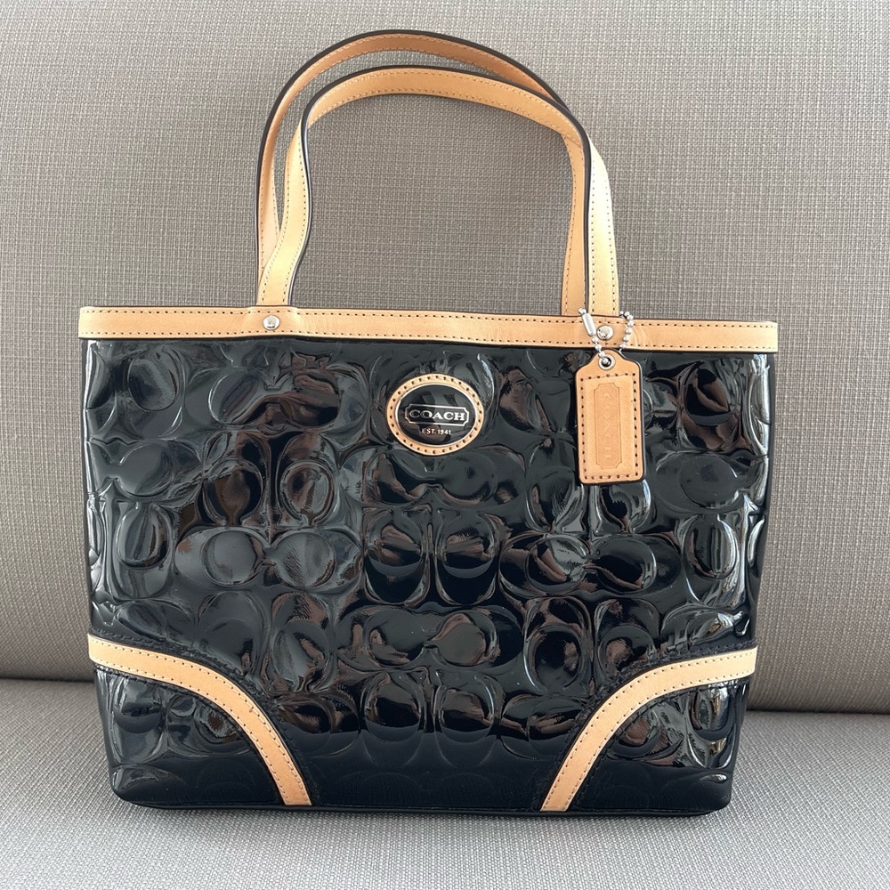 Coach Black Logo Embossed Patent Leather Bag
